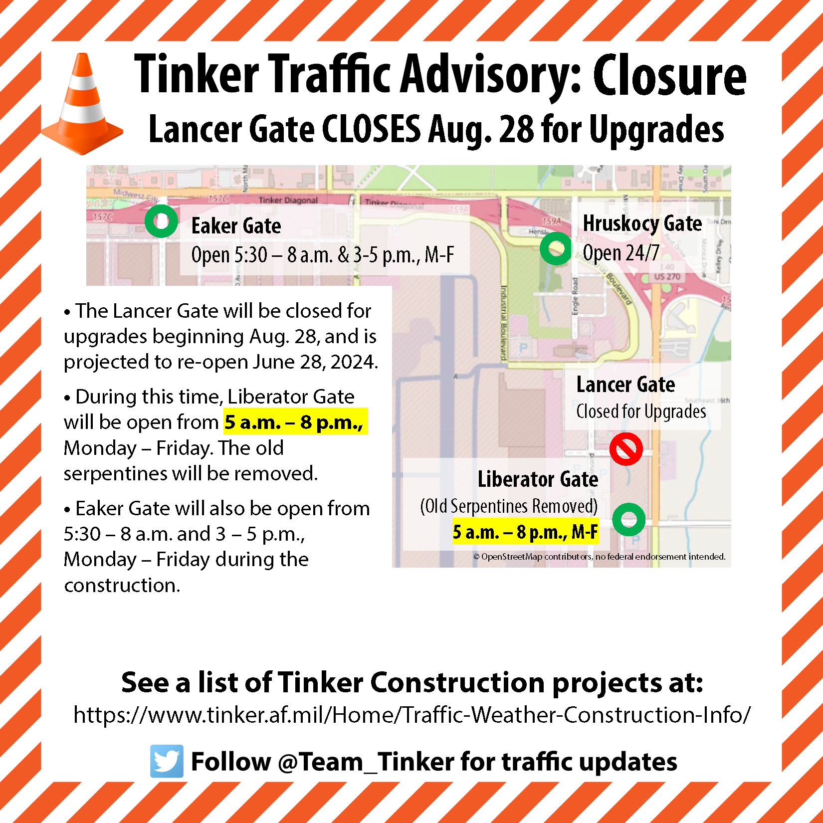 Tinker Traffic Advisory Graphic for Lancer Gate Closure
